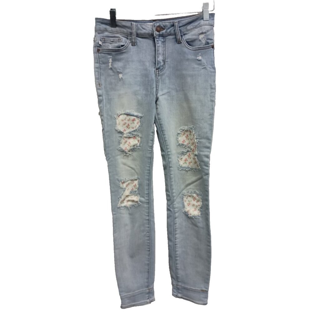 Judy Blue Skinny Fit Jeans‎ Womens Size 27 Light Blue Denim Distressed Patchwork